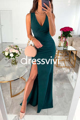 Sleeveless V Neck Waisted High Slit Maxi Party Dress