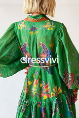 Puff Sleeves Button Down Birdie Printed Maxi Shirt Dress