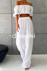 Off Shoulder Half Sleeves Crop Top Wide Leg Pants Set