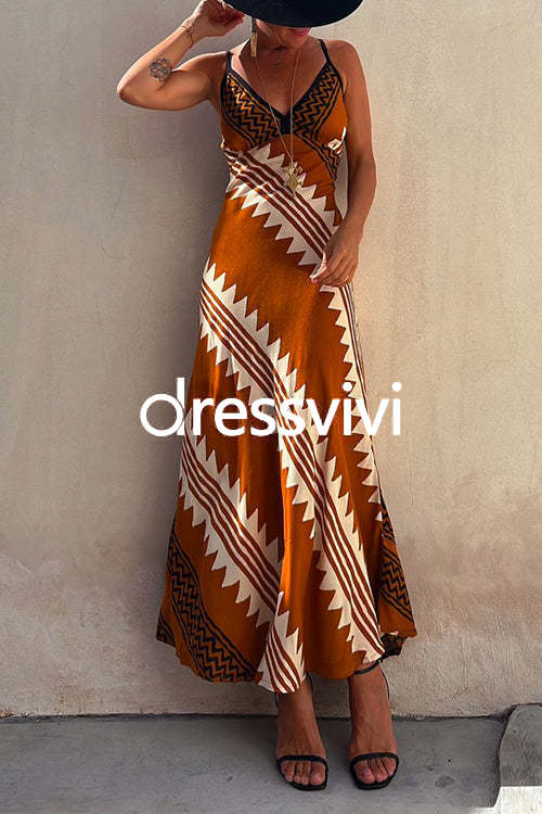 V Neck Color Block Printed Maxi Swing Cami Dress