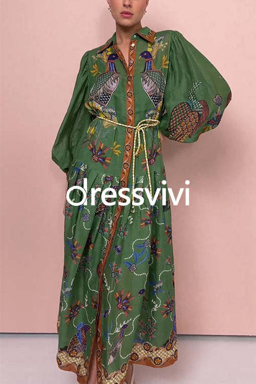 Puff Sleeves Button Down Birdie Printed Maxi Shirt Dress