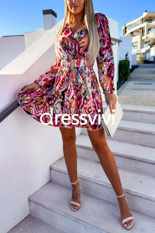 Printed V Neck Long Sleeve Belted Ruffle Swing Dress