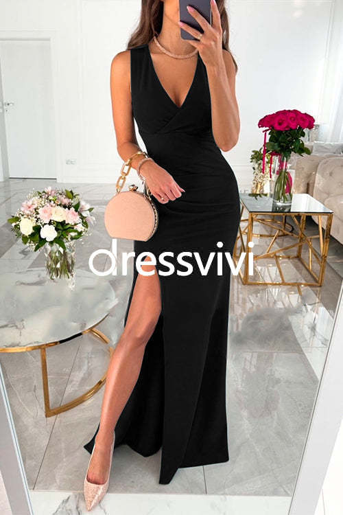 Sleeveless V Neck Waisted High Slit Maxi Party Dress