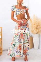 Abstract Print Short Sleeves Crop Top and Slit Ruffle Maxi Skirt Set