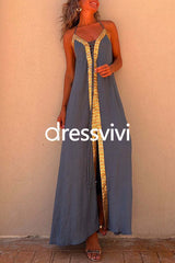 V Neck Backless Sequin Detailed Slit Maxi Cami Dress