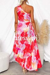 One Shoulder Sleeveless Print Asymmetric Maxi Pleated Dress