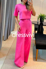 Crewneck Short Sleeve Crop Top Wide Leg Palazzo Pants Outfits Set