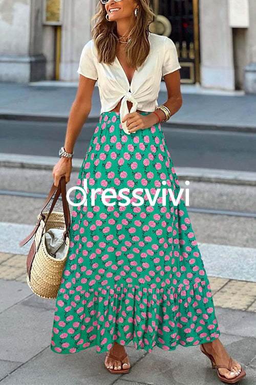 High Waist Printed Maxi Ruffle Swing Skirt