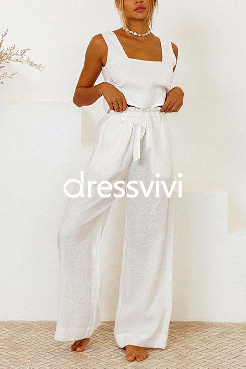 Square Collar Crop Tank Top Tie Waist Wide Leg Pants Cotton Linen Set