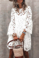 Bell Sleeves Hollow Out Lace Dress with Slip