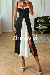 Tie Shoulder Color Block Splice Swing Midi Cami Dress