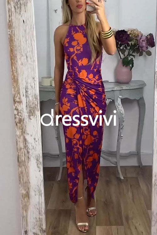 Halter Twist Front Slit Floral Printed Maxi Dress