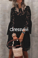 Bell Sleeves Hollow Out Lace Dress with Slip