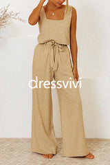 Square Collar Crop Tank Top Tie Waist Wide Leg Pants Cotton Linen Set