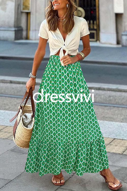 High Waist Printed Maxi Ruffle Swing Skirt