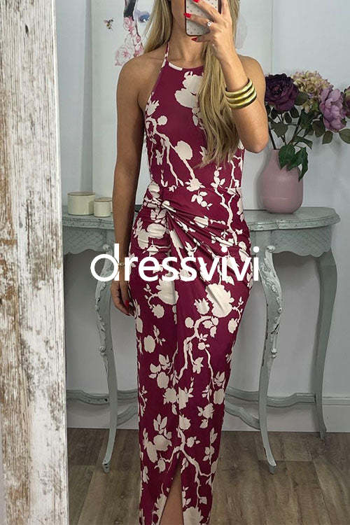 Halter Twist Front Slit Floral Printed Maxi Dress