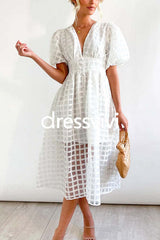 V Neck Lantern Sleeve Waisted A-line Dress