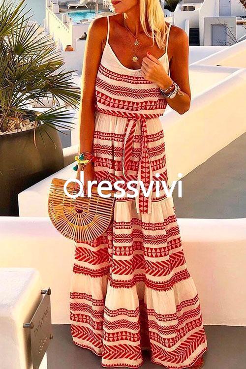 Bohemia V Neck Tie Waist Printed Maxi Cami Dress