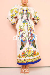 3/4 Puff Sleeves Back Slit Birdie Printed Maxi Dress