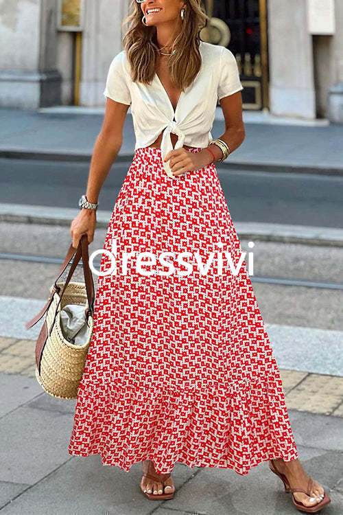 High Waist Printed Maxi Ruffle Swing Skirt