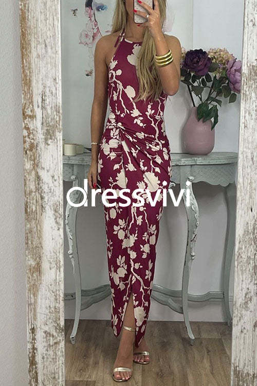 Halter Twist Front Slit Floral Printed Maxi Dress