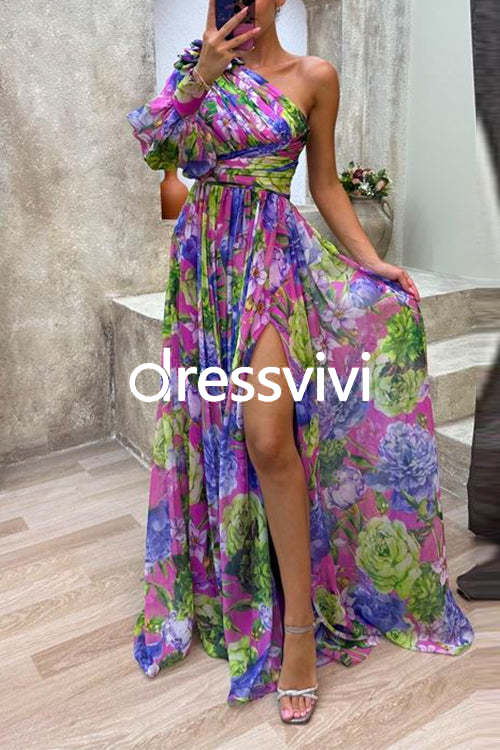 One Shoulder High Slit Waisted Floral Maxi Party Dress