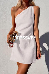 One Shoulder Solid Cotton Mini Dress