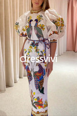 3/4 Puff Sleeves Back Slit Birdie Printed Maxi Dress