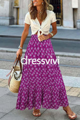 High Waist Printed Maxi Ruffle Swing Skirt