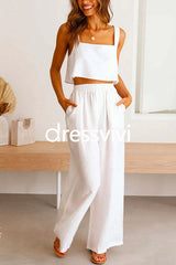 Square Collar Cami Crop Top Wide Leg Pants Cotton Linen Set