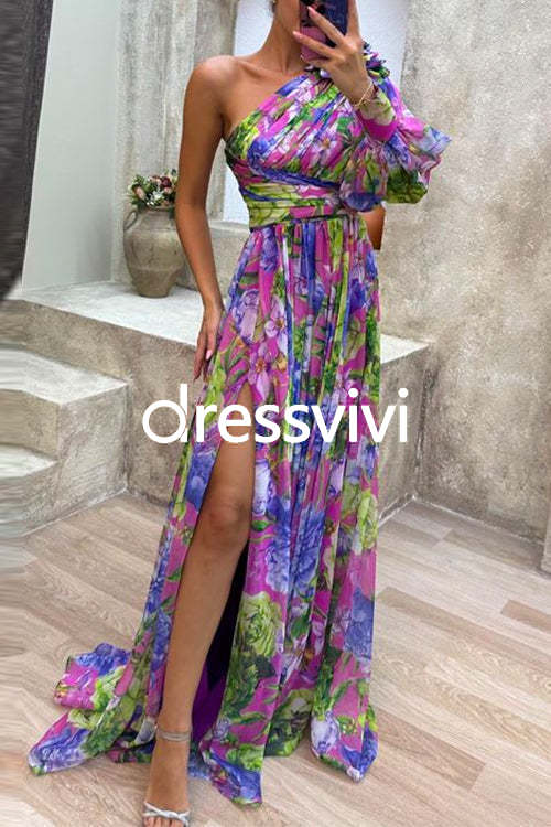 One Shoulder High Slit Waisted Floral Maxi Party Dress