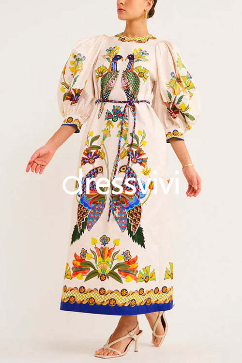 3/4 Puff Sleeves Back Slit Birdie Printed Maxi Dress