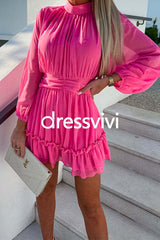 Mockneck Long Sleeve Waisted Ruffle Chiffon Dress