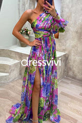 One Shoulder High Slit Waisted Floral Maxi Party Dress