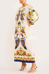 3/4 Puff Sleeves Back Slit Birdie Printed Maxi Dress