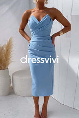 Strapless Tube Top Ruched Back Slit Midi Party Dress