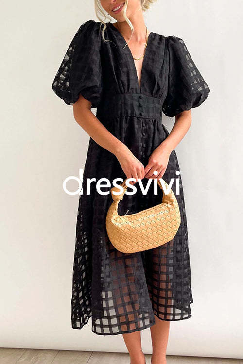 V Neck Lantern Sleeve Waisted A-line Dress