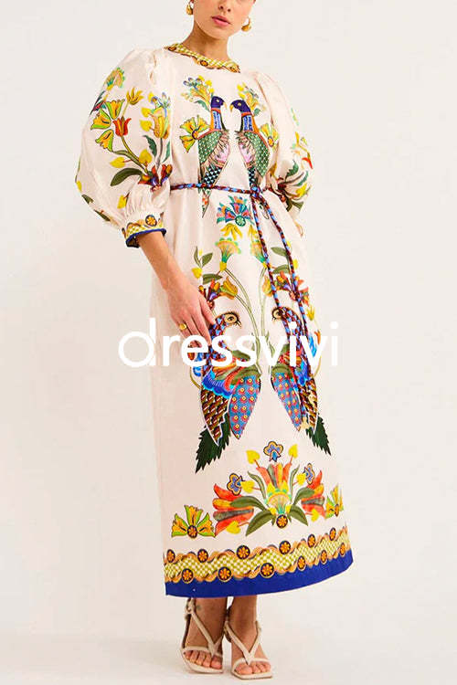 3/4 Puff Sleeves Back Slit Birdie Printed Maxi Dress