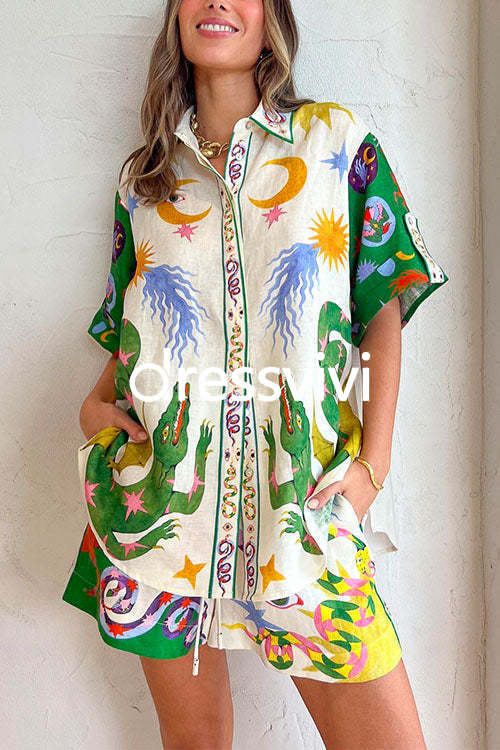 Cartoon Printed Half Sleeves Blouse Shirt Drawstring Waist Shorts Set