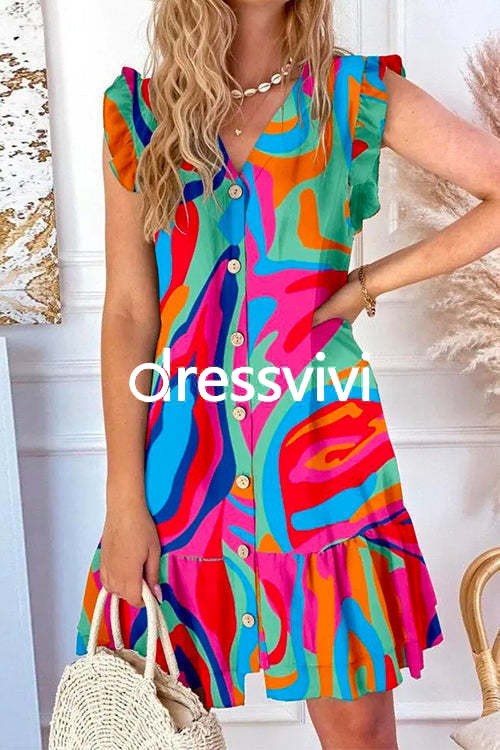 V Neck Button Up Printed Ruffle A-line Dress