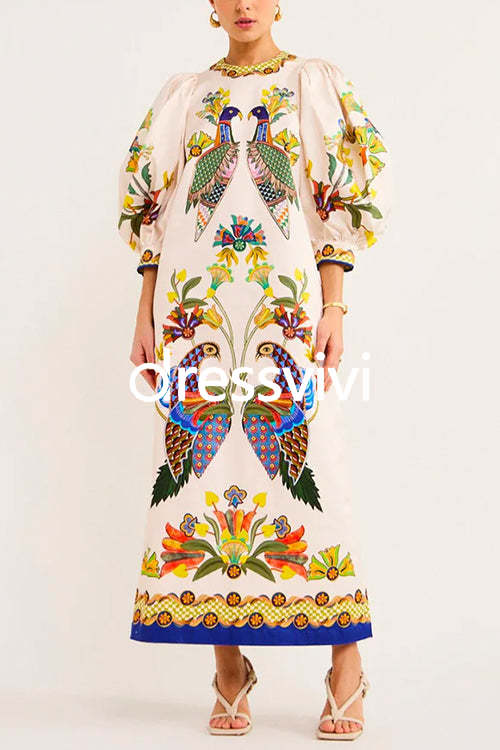 3/4 Puff Sleeves Back Slit Birdie Printed Maxi Dress