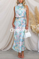 Irregular Tie Neck Waisted Floral Printed Maxi Satin Dress