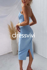 Strapless Tube Top Ruched Back Slit Midi Party Dress