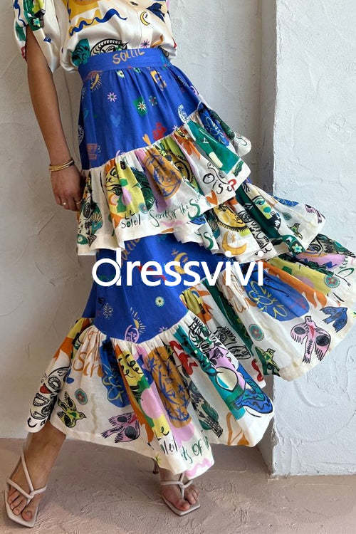 Graffiti Printed Ruffle Layered Skirt