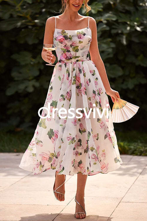 Adjustable Strap Waisted Floral Swing Midi Holiday Dress