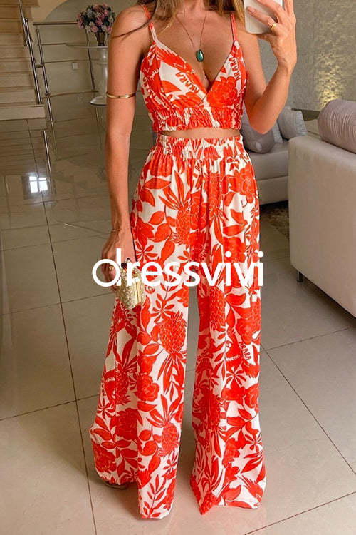 V Neck Crop Cami Top Elastic Waist Wide Leg Pants Printed Set