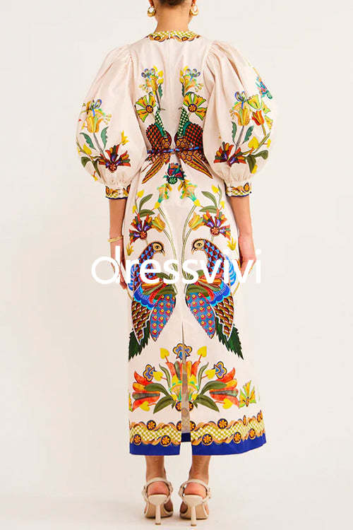 3/4 Puff Sleeves Back Slit Birdie Printed Maxi Dress