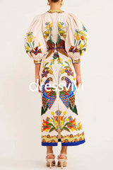 3/4 Puff Sleeves Back Slit Birdie Printed Maxi Dress