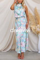 Irregular Tie Neck Waisted Floral Printed Maxi Satin Dress