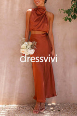 Turtleneck Sleeveless Crop Top High Waist Maxi Skirt Satin Set